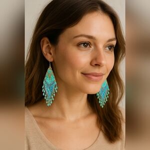 HandcraftedElegant Boho Western Green & Blue Beaded Fringe Earrings Preppy(#093)